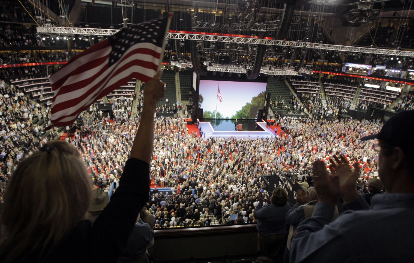 The crowd cheers during the Republican National Convention in St. Paul, Minn., Tuesday, Sept. 2, 2008.